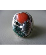 Vintage Unmarked Tribal Sterling Turquoise Stone Coral  Ring Sz 9.5  15j - $176.41