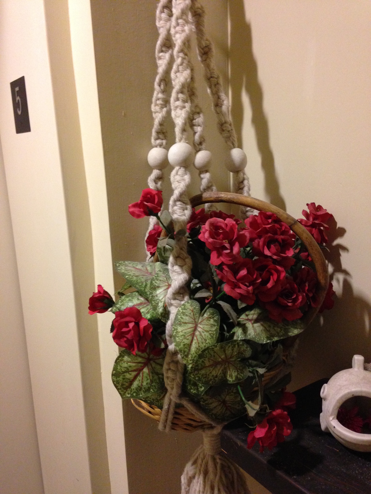 Primary image for  silk plant in basket with macrame hanger