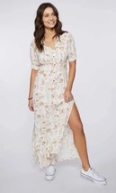 Oneill Wailea Midi Dress LARGE White Brown Button Front Short Sleeve EUC - $19.99