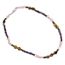 Natural Tiger Eye Amethyst Rose Quartz Gemstone Smooth Beads Necklace 17&quot; UB6339 - £8.55 GBP