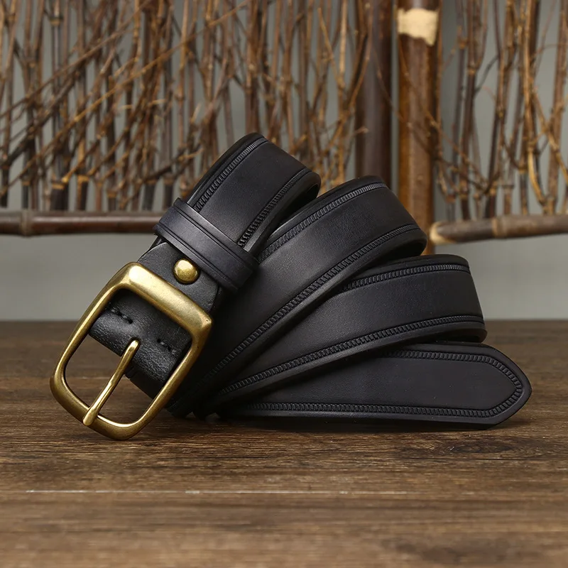 3.3CM Male Cowhide Genuine Leather Belt  Embossing er Belts Men Copper B-100CM - £35.45 GBP
