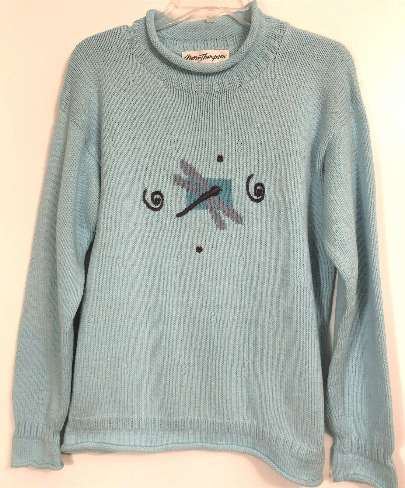 Primary image for Vintage Norm Thompson Embroidered Dragonfly Blue Cotton Sweater Size L