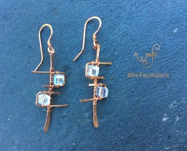 Handmade copper earrings: geometric single rail ladder with clear cube crystals - £28.06 GBP