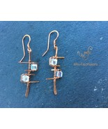 Handmade copper earrings: geometric single rail ladder with clear cube c... - £27.97 GBP