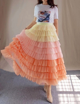 Pink-yellow Layered Tulle Maxi Skirt Women Plus Size Long Tulle Skirt image 9