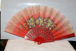 FAN ( SMALL HAND TYPE FAN ) WITH FLOWERS FLOWER RED D1 - £6.32 GBP