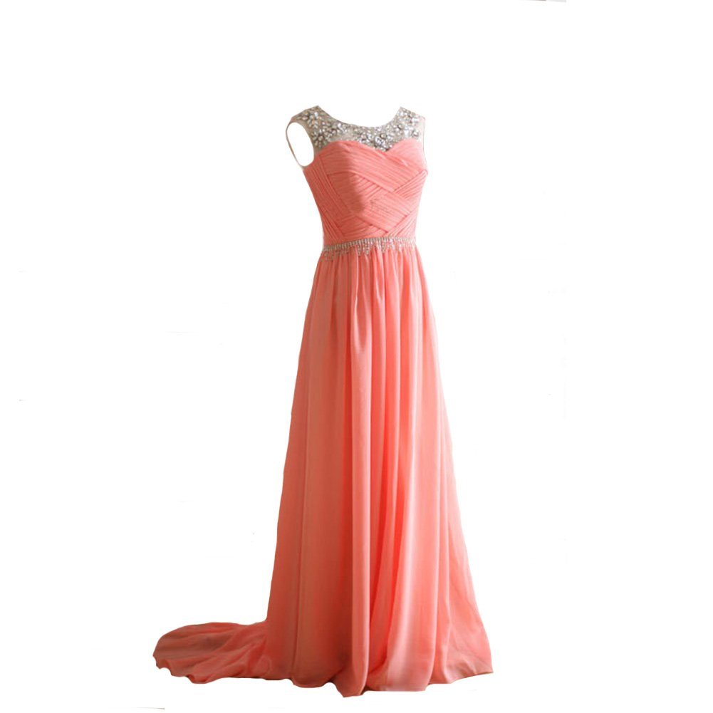 Kivary Women's Sheer Crystals Chiffon Long Prom Evening Dresses Coral US 2