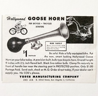 1949 Yoder Hollywood Goose Bike Horn Advertisement Bicycle Scooter Suppl... - $19.99