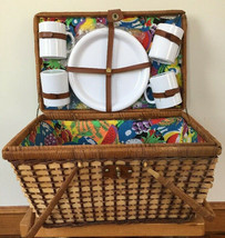 Vtg Woven Wicker Rattan Picnic Basket Complete Plates Cups Flatware Fabric Lined - £127.51 GBP