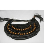  New FMX black Hobo style purse w/ big wooden Beads &amp; fringe handle  M - $19.31