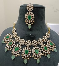 VeroniQ Trends-Bridal Victorian Emerald Style 92.5 Silver Moissanite Polki Neckl - $1,250.00