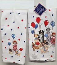 Set of 2 Same Printed Cotton Towels(16&quot;x26&quot;) USA,PATRIOTIC DOGS WITH BAL... - $14.84