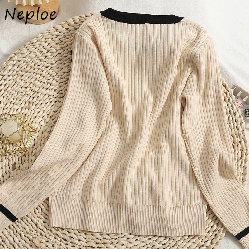 Sporting Neploe Chic Contrast Color Peter Pan Collar Sweaters Women Slim Knit Pu - £42.79 GBP