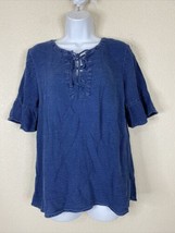 Old Navy Womens Size M Blue Laced Neck Tunic Blouse Elbow Ruffle Sleeve - £7.66 GBP