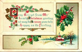 Holly and Church Fancy Text Hearty Christmas Greetings Gilt 1912 Postcard C6 - £5.48 GBP