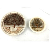 VTG Set of 2 Round Wall Hanging Ceramic Pottery Framed Tree Weaving Loom Decor - $62.09