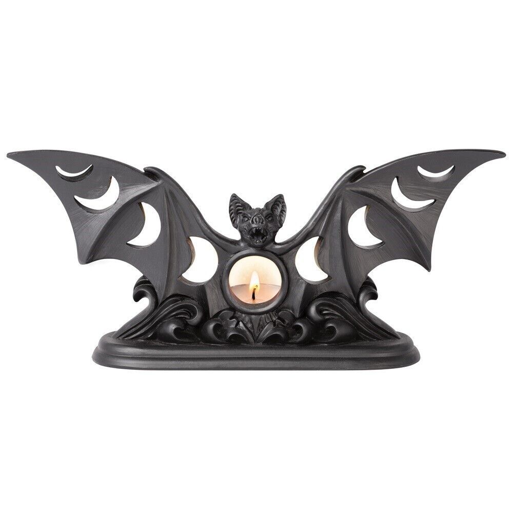 Primary image for Alchemy Gothic Black Lunaeca Tea Light Candle Holder Bat Moon Phases Wicca V112