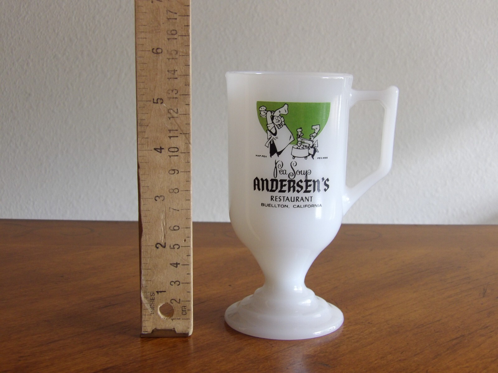 Vtg Milk Glass Pedestal Mug Andersen's Restaurant Pea Soup Advertising CA 5.5" Item image 9