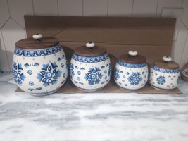 Four Opalhouse Ceramic Canister Blue On White, Wood Lid Ranging Large To Small - £47.48 GBP