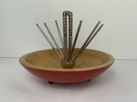 Vintage Wood Nut Bowl (70’s) Cracker &amp; Picks Original Red Chippy Paint - £27.51 GBP