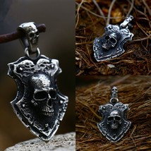 Mens Gothic Silver Skull Shield Pendant Punk Rock Biker Necklace Stainless Steel - £8.59 GBP