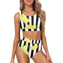 Women&#39;s Crop Top Bikini Set (S21) Black White Stripes and Lemons - £29.01 GBP+
