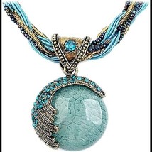 Women Lady Retro Vintage Bohemian Turquoise Rhinestone Pendant Collar Necklace - £30.74 GBP