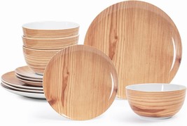 12 Piece Dinnerware Set For 4 Modern Ceramic Porcelain Dishes Plates Bowls Wood - £57.99 GBP