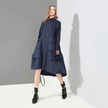 Elegant Style Woman Navy Blue Casual Shirt Dress Long Sleeve Cascading R... - £51.89 GBP