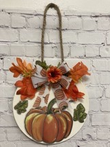 Pumpkin fall floral Wall wood Door Porch sign handmade hanging round 10”... - $11.38