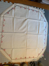 Vintage Hand Cross stitch And Crocheted Edge Tablecloth 33”x36” - £16.03 GBP
