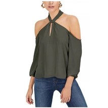 Bar III Womens L Dusty Olive Keyhole Cold Shoulder 3/4 Sleeve Top NWT AN41 - £16.87 GBP
