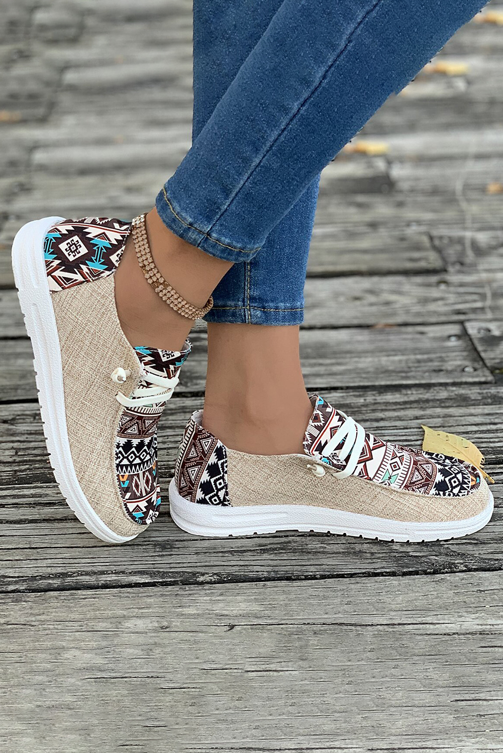 Brown Vintage Aztec Patchwork Lace-up Decor Flat Shoes Item image 3