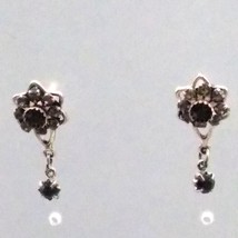 Vintage Crystal Flower Stud Earrings, Gray and Black Stones with Tiny Black Dang - £20.17 GBP