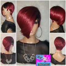 Quistine&quot; Synthetic Wig 1b/Burgundy Short Pixie Cut, Slanted Heat Resistant Wig  - £53.36 GBP