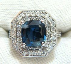 4.07ct Cushion Cut Blue Sapphire &amp; Halo Diamond Wedding Ring 14k White Gold over - £98.07 GBP