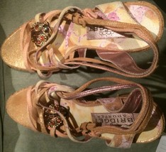 Bridget Shuster Leather Sandals 4.5&quot; Cork Heels W Jeweled Lady Bug Size 8M - £31.43 GBP