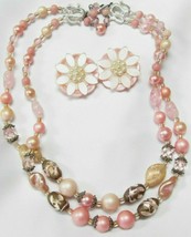 Vintage 16&quot; Necklace &amp; Clip-on Earrings Set Pink Stones Beads Pearl Accent Japan - £10.34 GBP