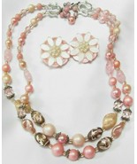 Vintage 16&quot; Necklace &amp; Clip-on Earrings Set Pink Stones Beads Pearl Acce... - £10.21 GBP