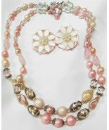 Vintage 16&quot; Necklace &amp; Clip-on Earrings Set Pink Stones Beads Pearl Acce... - $12.99