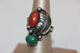 Vintage American Indian Navajo Silver Chrysoprase Red Jasper Feather Rin... - $79.48