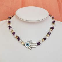 Evil Eye Hamsa Hand Crystal &amp; Amethyst Statement Necklace Rhinestone Choker - $10.00