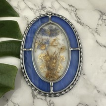 Vintage 80s Stained Glass Sun Catcher Wall Hanging Blue Tan Pressed Flow... - $26.72