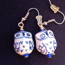Custom Handmade Artisan Earrings. Owls, New Blue &amp; White Ceramic Dangle Drop - £7.04 GBP