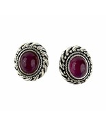 VTG Avon Red Stone Oval Silver Tone Stud Earrings Textured Twist Metal - £9.90 GBP