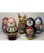 Set 5 Holiday Christmas 3D Tins Santa Elf Reindeer Snowman Penguin - £40.91 GBP