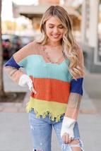 Apricot Orange Colorblock Distressed Sweater - £19.60 GBP