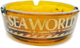 1977 Sea World Amber 4&quot; Glass Ash Tray Gold Tone Vtg 1&quot; Deep some Glass Chips - £7.77 GBP