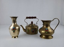Vtg Collection (3) Brass Ornate Semi Precious Stones Vase Vessel Tea Pot India - £105.37 GBP