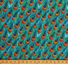Cotton Peacocks Feathers Plumes Green Blue Orange Fabric Print by Yard D465.37 - £9.55 GBP